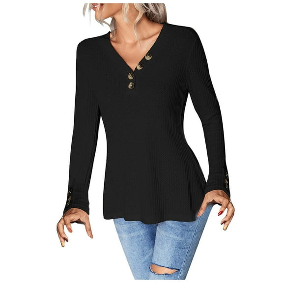 Women's Henley Shirts Long Sleeve V Neck Button Down Knit Sweater Fitted Tops Solid Color Comfy Tunic Blouses Tops