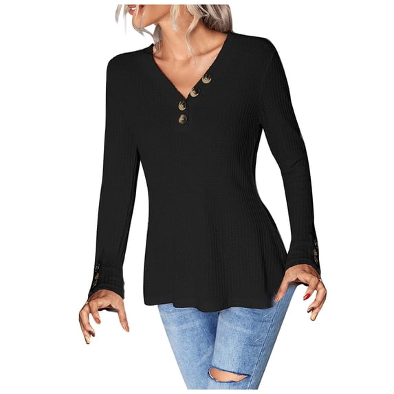Women's Henley Shirts Long Sleeve V Neck Button Down Knit Sweater Fitted Tops Solid Color Comfy Tunic Blouses Tops