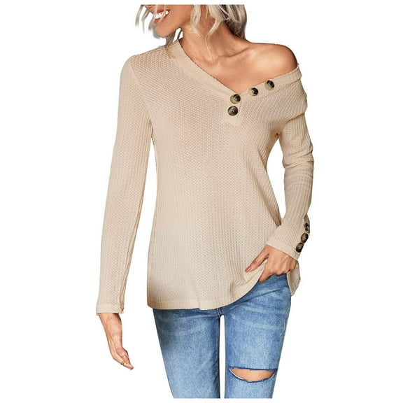 Women's Henley Shirts Long Sleeve V Neck Button Down Knit Sweater Fitted Tops Solid Color Comfy Tunic Blouses Tops