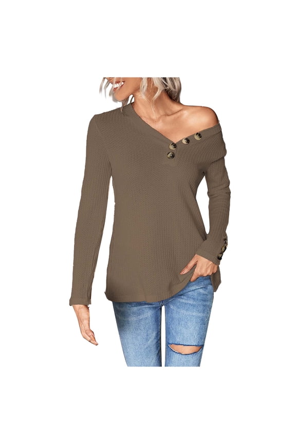 Women's Henley Shirts Long Sleeve V Neck Button Down Knit Sweater Fitted Tops Solid Color Comfy Tunic Blouses Tops