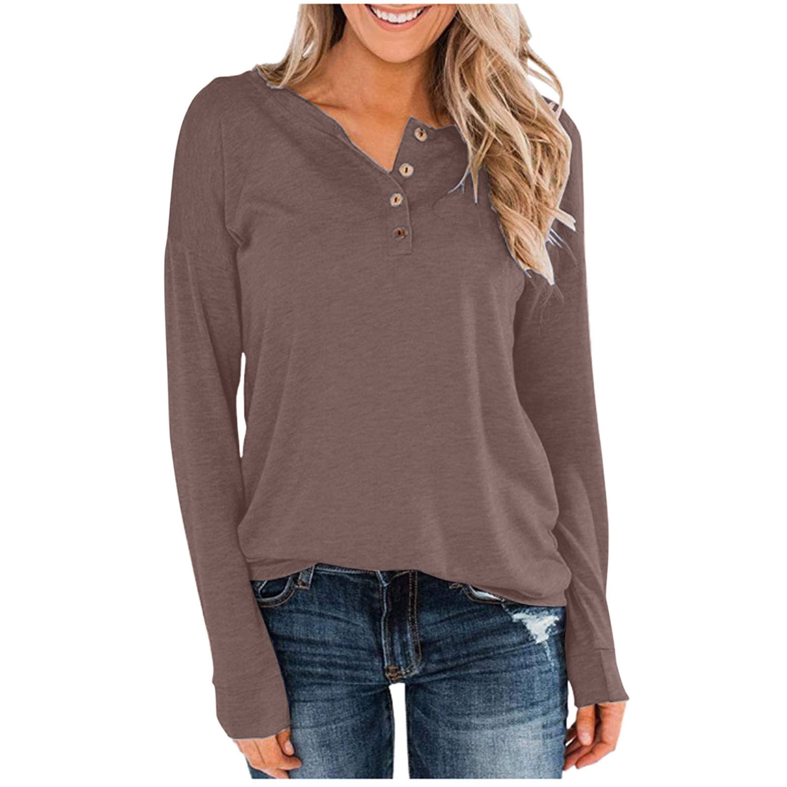 Women's Henley Shirts V Neck Long Sleeve Tunic Top Button Up Blouse