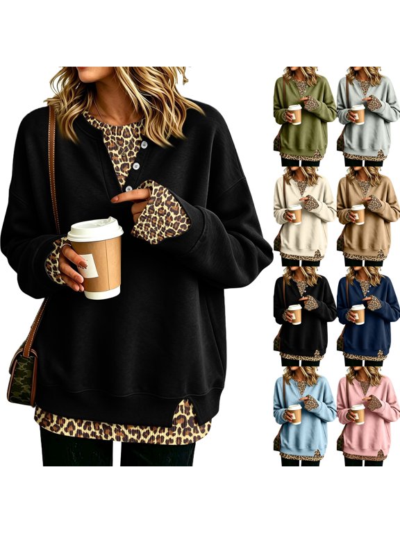 Women's Henley Sweatshirt Mock Two Piece Pullover Classic Leopard Layered Long Sleeve Split Hem Button Crew Neck Loose Tunic Top Black 3XL