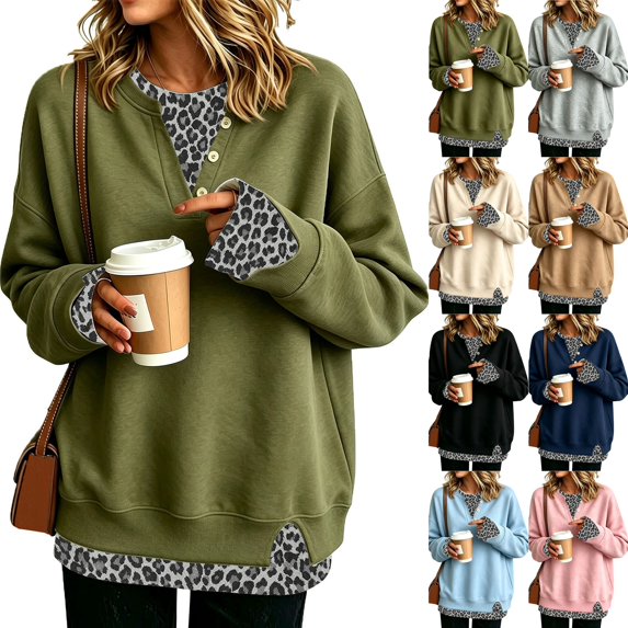Women's Henley Sweatshirt Mock Two Piece Pullover Leopard Layered Long Sleeve Button Crew Neck Drop Shoulder Split Hem Loose Fit Tunic Top Army Green S