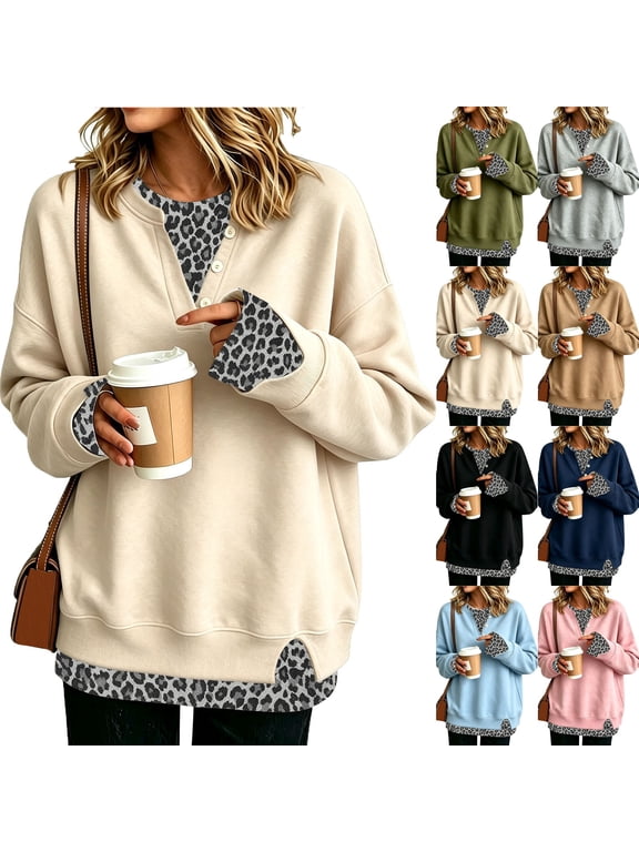Women's Henley Sweatshirt Mock Two Piece Pullover Leopard Layered Long Sleeve Button Crew Neck Drop Shoulder Split Hem Loose Fit Tunic Top Beige 3XL