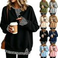 thumbnail image 1 of Women's Henley Sweatshirt Mock Two Piece Pullover Leopard Layered Long Sleeve Button Crew Neck Drop Shoulder Split Hem Loose Fit Tunic Top Black 3XL, 1 of 4