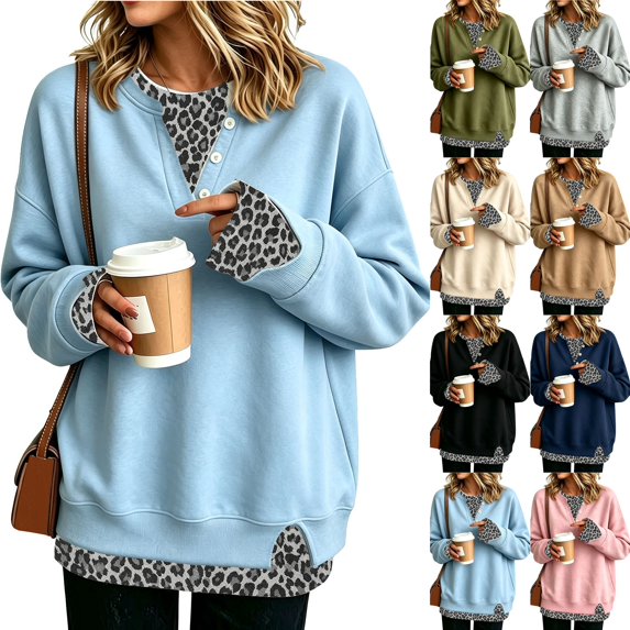 Women's Henley Sweatshirt Mock Two Piece Pullover Leopard Layered Long Sleeve Button Crew Neck Drop Shoulder Split Hem Loose Fit Tunic Top Blue M