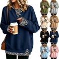 thumbnail image 1 of Women's Henley Sweatshirt Mock Two Piece Pullover Leopard Layered Long Sleeve Button Crew Neck Drop Shoulder Split Hem Loose Fit Tunic Top Navy S, 1 of 5