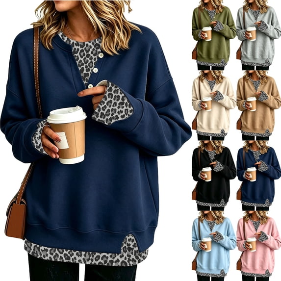 Women's Henley Sweatshirt Mock Two Piece Pullover Leopard Layered Long Sleeve Button Crew Neck Drop Shoulder Split Hem Loose Fit Tunic Top Navy S