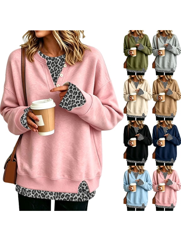 Women's Henley Sweatshirt Mock Two Piece Pullover Leopard Layered Long Sleeve Button Crew Neck Drop Shoulder Split Hem Loose Fit Tunic Top Pink M