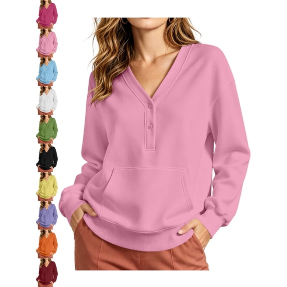 Women's Henley Sweatshirt Oversized Long Sleeve V-Neck Button Pullover Kangaroo Pocket Casual Relaxed Fit Top