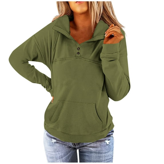 Women's Henley Sweatshirts Oversized Lapel Long Sleeve Button Down Pullover Winter Casual Solid Loose Fitting Tops with Kangaroos Pocket