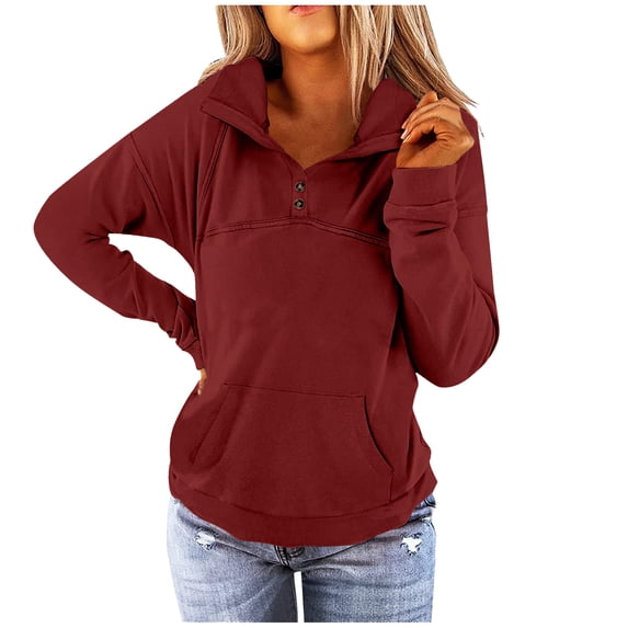 Women's Henley Sweatshirts Oversized Lapel Long Sleeve Button Down Pullover Winter Casual Solid Loose Fitting Tops with Kangaroos Pocket