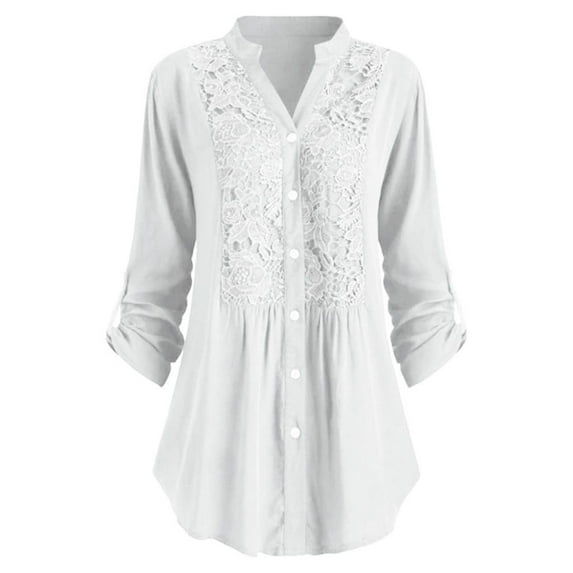 Women's Henley V Neck Floral Lace Crochet Blouse Tops 3/4 Cuffed Sleeve Summer Casual Roll-up Sleeve Button Down Tunic Shirt