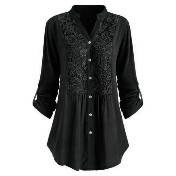 Women's Henley V Neck Floral Lace Crochet Blouse Tops 3/4 Cuffed Sleeve Summer Casual Roll-up Sleeve Button Down Tunic Shirt