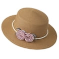thumbnail image 1 of Women's Hepburn Style Straw Sun Hat Floral Pearl Decorated Wide Brim UV Protection Bucket Hat, 1 of 5