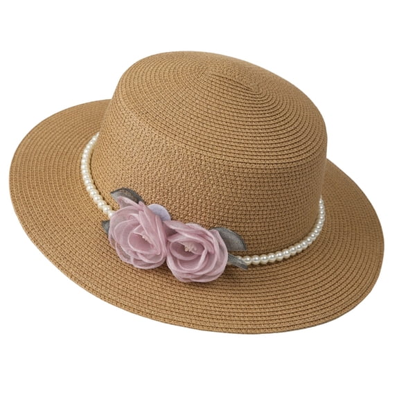 Women's Hepburn Style Straw Sun Hat Floral Pearl Decorated Wide Brim UV Protection Bucket Hat