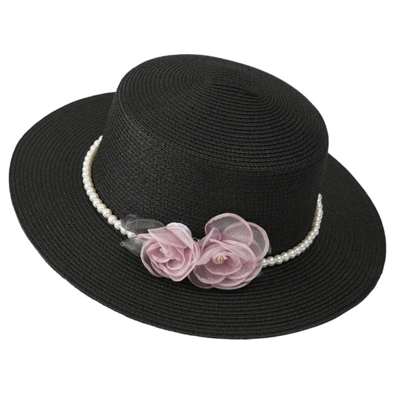 Women's Hepburn Style Straw Sun Hat Floral Pearl Decorated Wide Brim UV Protection Bucket Hat