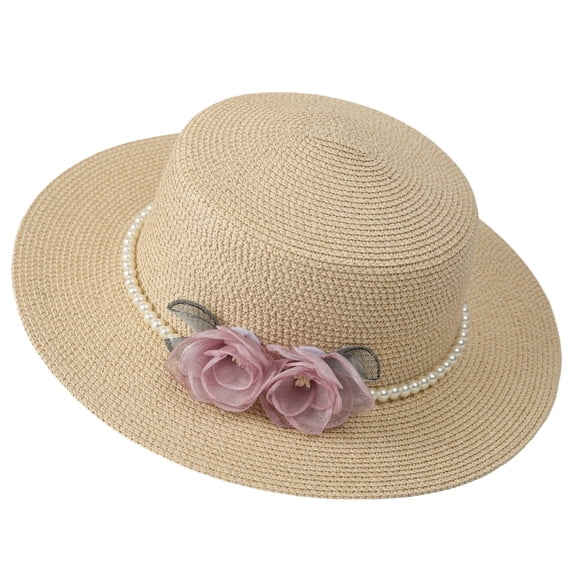 Women's Hepburn Style Straw Sun Hat Floral Pearl Decorated Wide Brim UV Protection Bucket Hat