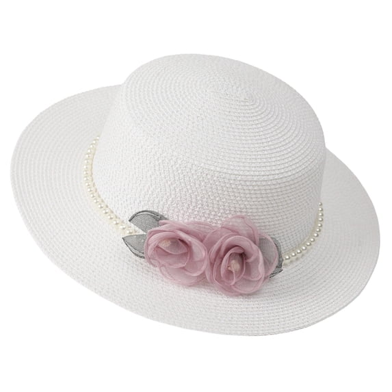 Women's Hepburn Style Straw Sun Hat Floral Pearl Decorated Wide Brim UV Protection Bucket Hat