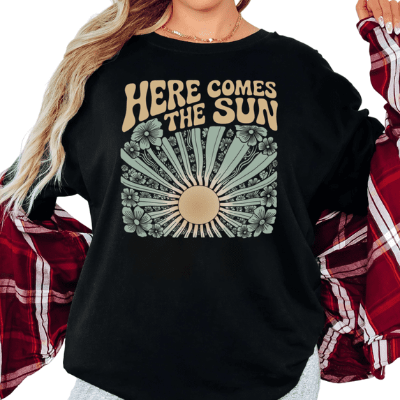 Women's Here Comes The Sun Retro Boho Floral Sun Graphic Breathable T Shirt Short Sleeve Round Neck Top Black S-5XL