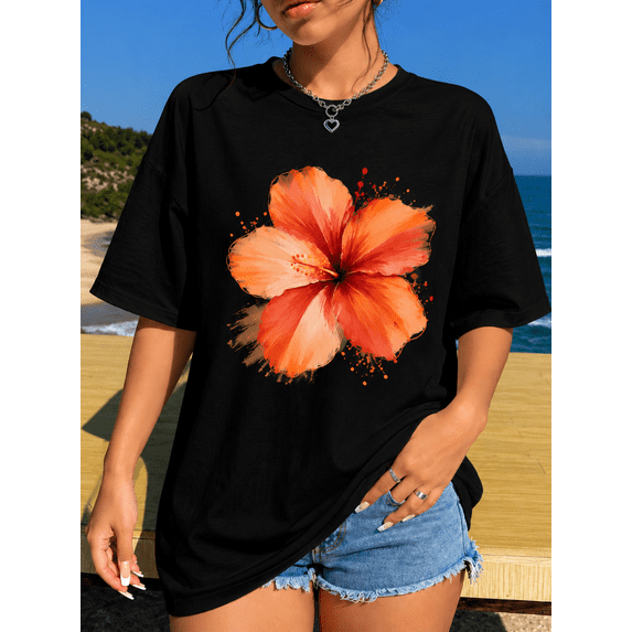 Women's Hibiscus Flower Graphic T-Shirt Casual Oversized Crew Neck Short Sleeve Summer Beach Tee Black