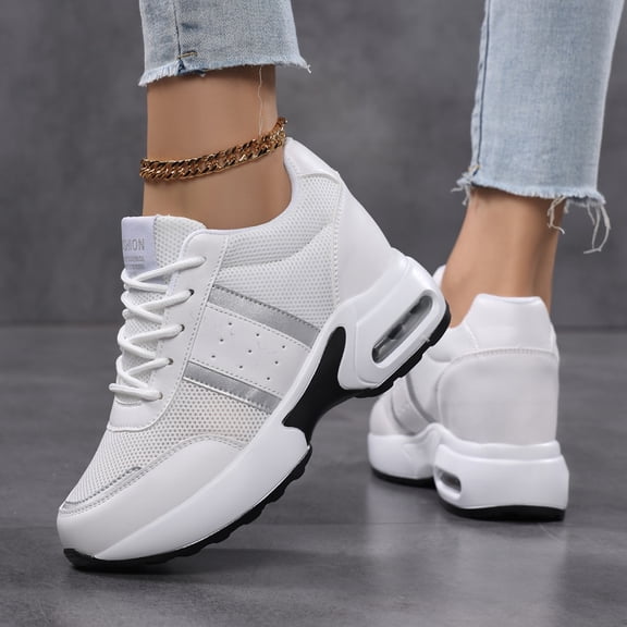 Women's Hidden Wedge Heel Fashion Sneakers with Air Cushion Platform Lace Up Comfortable Inner Heightening Cushioned Walking Shoes Casual Running Sneakers