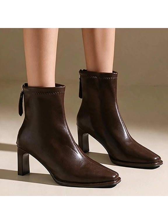 Women’s High Block Heel Back Zipper Ankle Booties, Elegant Dress Short Boots, Fashion Comfort Heeled Ankle Boots for Party Office Women Brown 6