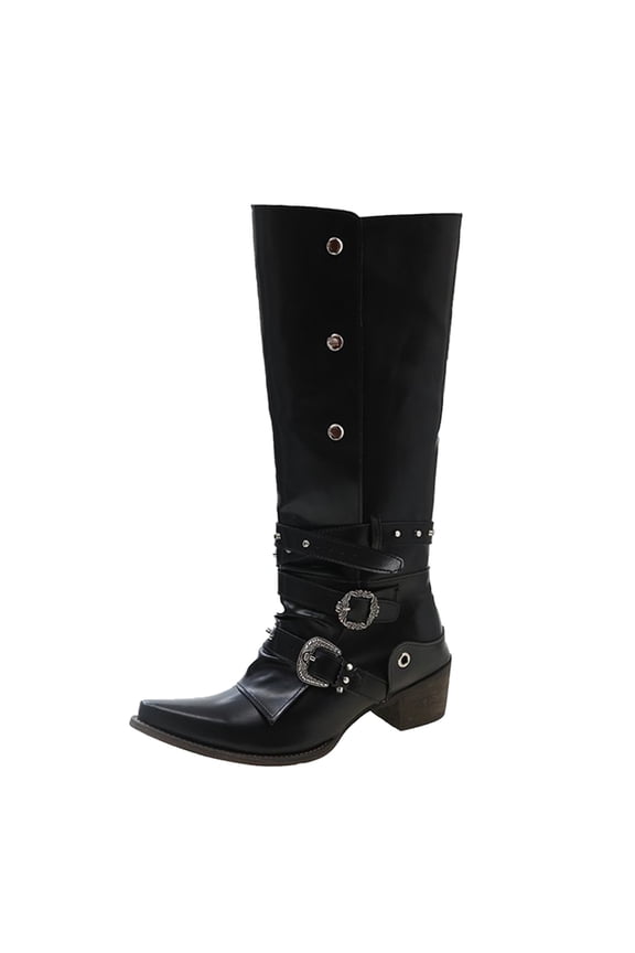 Women's -High Boots Autumn Winter Fashion Pointed Low Heel Leather Cowboy Boots with Buckle Up Drill Design Knee High Style 6.5 Black