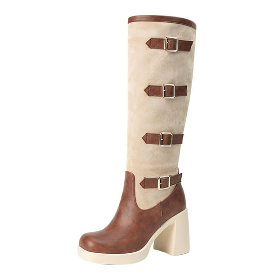 Xiaoxatg Women's -High Boots Autumn and Winter Leather Splice High Heel Sleeve Barrel Boots with Colored Belt Buckle 7.5 Brown