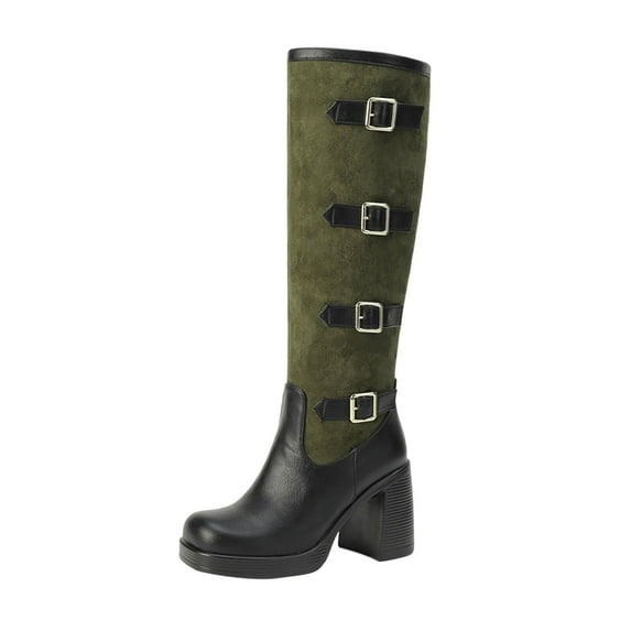 Xiaoxatg Women's -High Boots Autumn and Winter Leather Splice High Heel Sleeve Barrel Boots with Colored Belt Buckle 7.5 Green