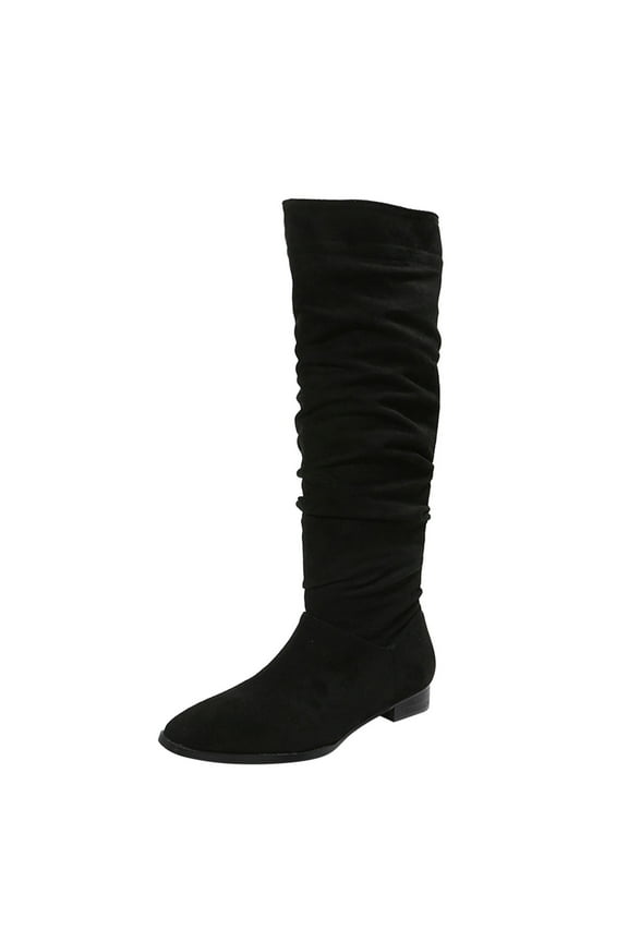 Women's -High Boots Casual Long Flat Fashionable Solid Color Flock Pointed Toe Wrinkled Design for Stylish Comfort
