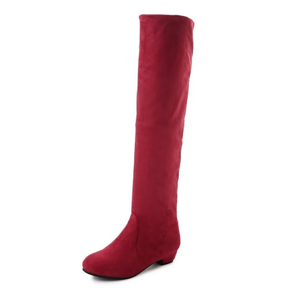 Xiaoxatg Women's -High Boots Fashion -On Thick Sole Square Heels Flock Long Booties Round Toe for Autumn Winter 8.5 Red