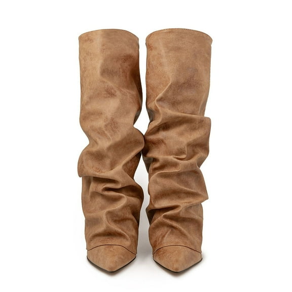 Xiaoxatg Women's -High Boots Fashion Pointed Toe Heel Stacked Slouchy Folded Over The Knee Boots for Comfortable Stylish Dressy Casual Winter Fall Use 10 Brown