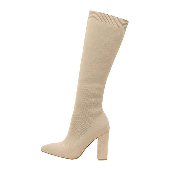 Xiaoxatg Women's -High Boots Foreign Trade Pointed Knitted Elastic Comfort Medium Sleeve Long Boots 9 Khaki