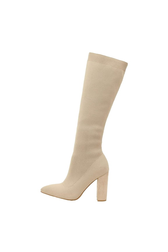 Women's -High Boots Foreign Trade Pointed Knitted Elastic Comfort Medium Sleeve Long Boots 7 Khaki