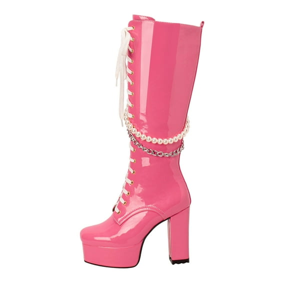 Xiaoxatg Women's -High Boots Solid Color Square Toe Thick High Heels Platform Glossy Leather Lace Up Pearl Chain Fashion High Boots 6.5 Pink