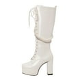 thumbnail image 1 of Xiaoxatg Women's -High Boots Solid Color Square Toe Thick High Heels Platform Glossy Leather Lace Up Pearl Chain Fashion High Boots 7 White, 1 of 8