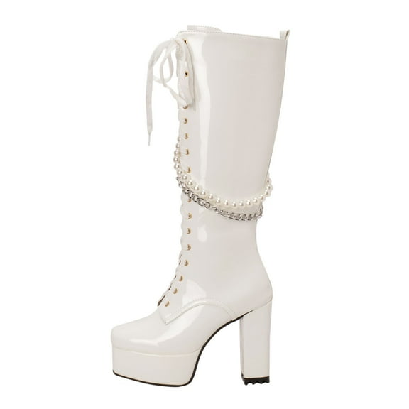 Xiaoxatg Women's -High Boots Solid Color Square Toe Thick High Heels Platform Glossy Leather Lace Up Pearl Chain Fashion High Boots 6.5 White