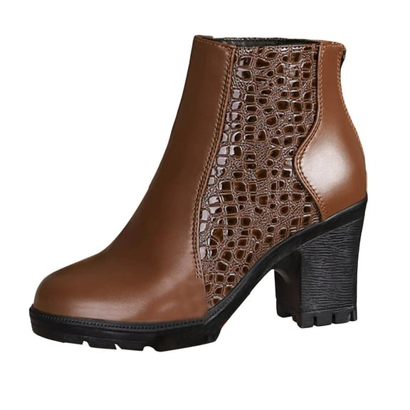 Women's High Chunky Heel Leather Chelsea Ankle Boots Slip On Mid Calf Fall Booties Platform Non Slip Dress Shoes Brown Size 9