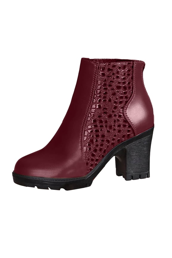 Women's High Chunky Heel Leather Chelsea Ankle Boots Slip On Mid Calf Fall Booties Platform Non Slip Dress Shoes Red Size 9