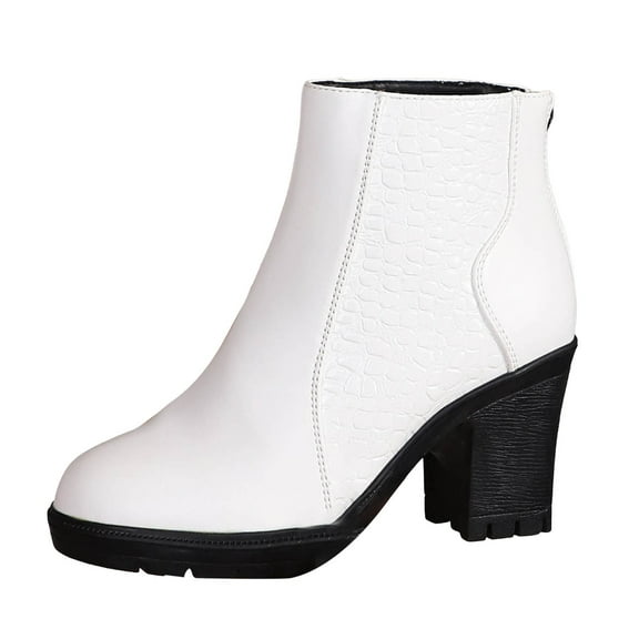 Women's High Chunky Heel Leather Chelsea Ankle Boots Slip On Mid Calf Fall Booties Platform Non Slip Dress Shoes White Size 6