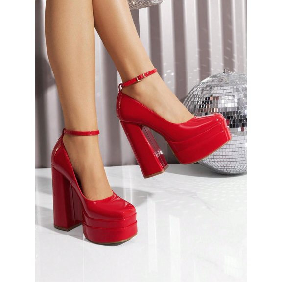 Women's High Chunky Platform Block Heel Square Toe Ankle Strap Solid Color Dress Party Pumps For Fall 2026