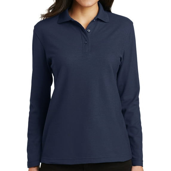 Women's High Class Moisture-Wicking Long Sleeve Polo Shirt, Medium Navy