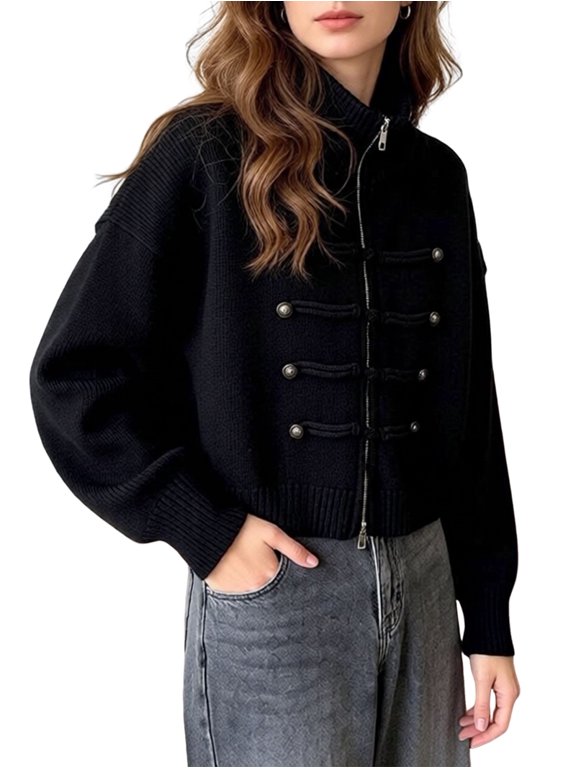 Women's High Collar Double-Breasted Zip-Up Cropped Knit Cardigan Black One size