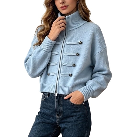 Women's High Collar Double-Breasted Zip-Up Cropped Knit Cardigan Light Blue One size