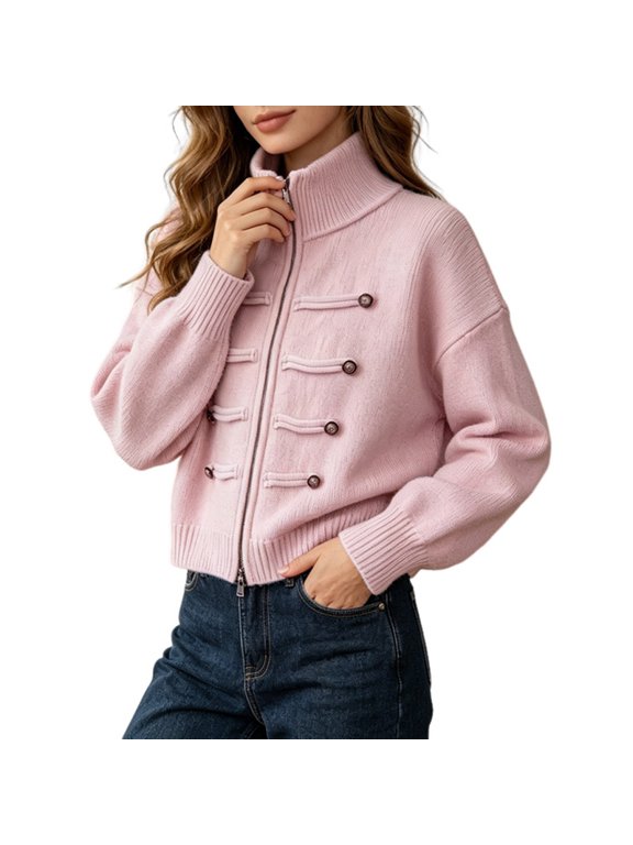 Women's High Collar Double-Breasted Zip-Up Cropped Knit Cardigan Pink One size