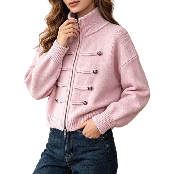 Women's High Collar Double-Breasted Zip-Up Cropped Knit Cardigan Pink One size
