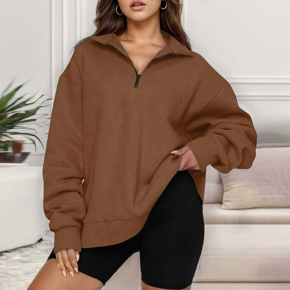 Women's High Collar Quarter Zipped Long Sleeved Sweatshirt (Coffee S)