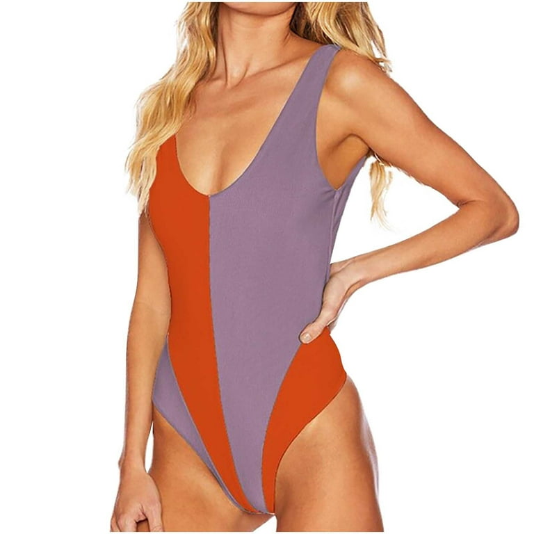 Women's High Cut Low Back One Piece Swimsuits Scoop Neck Color Block  Bathing Suit Swimwear Slimming Swimwear Monokini