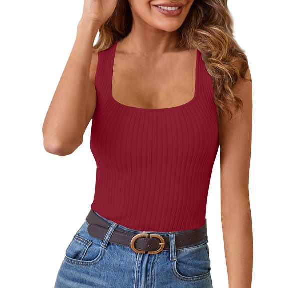 Women's High Elastic Square Neck Sleeveless Vest Top, Slim Fit Sexy Summer Blouse for Night Out or Special Occasions,Wine S